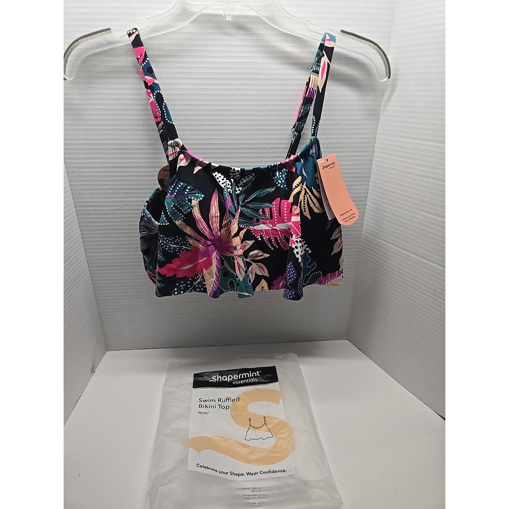 Shapermint Essentials Swim Ruffled Bikini Top Size Small Tropical‎ Print NWT
